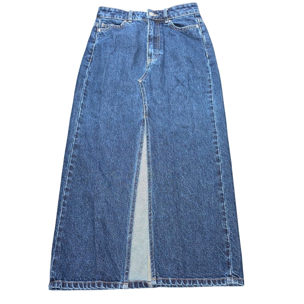 H&M Denim Midi Skirt Women's Size 2 Blue High Waisted Front Slit Dark Wash